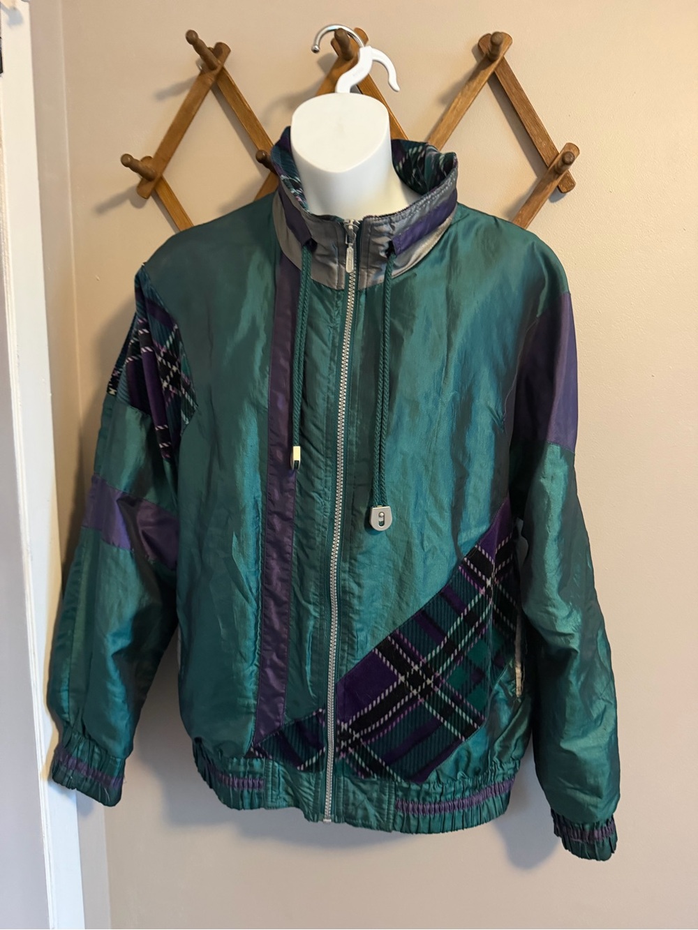 Outbrook Vintage Green Purple Plaid Track Jacket Windbreaker M